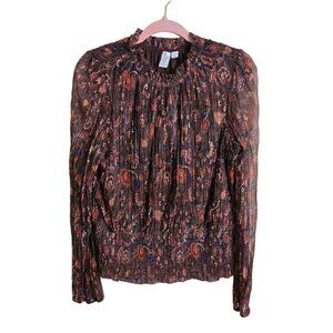 Joie Brown Metallic Floral Smocked Waist Sheet Sleeve Blouse Size XL